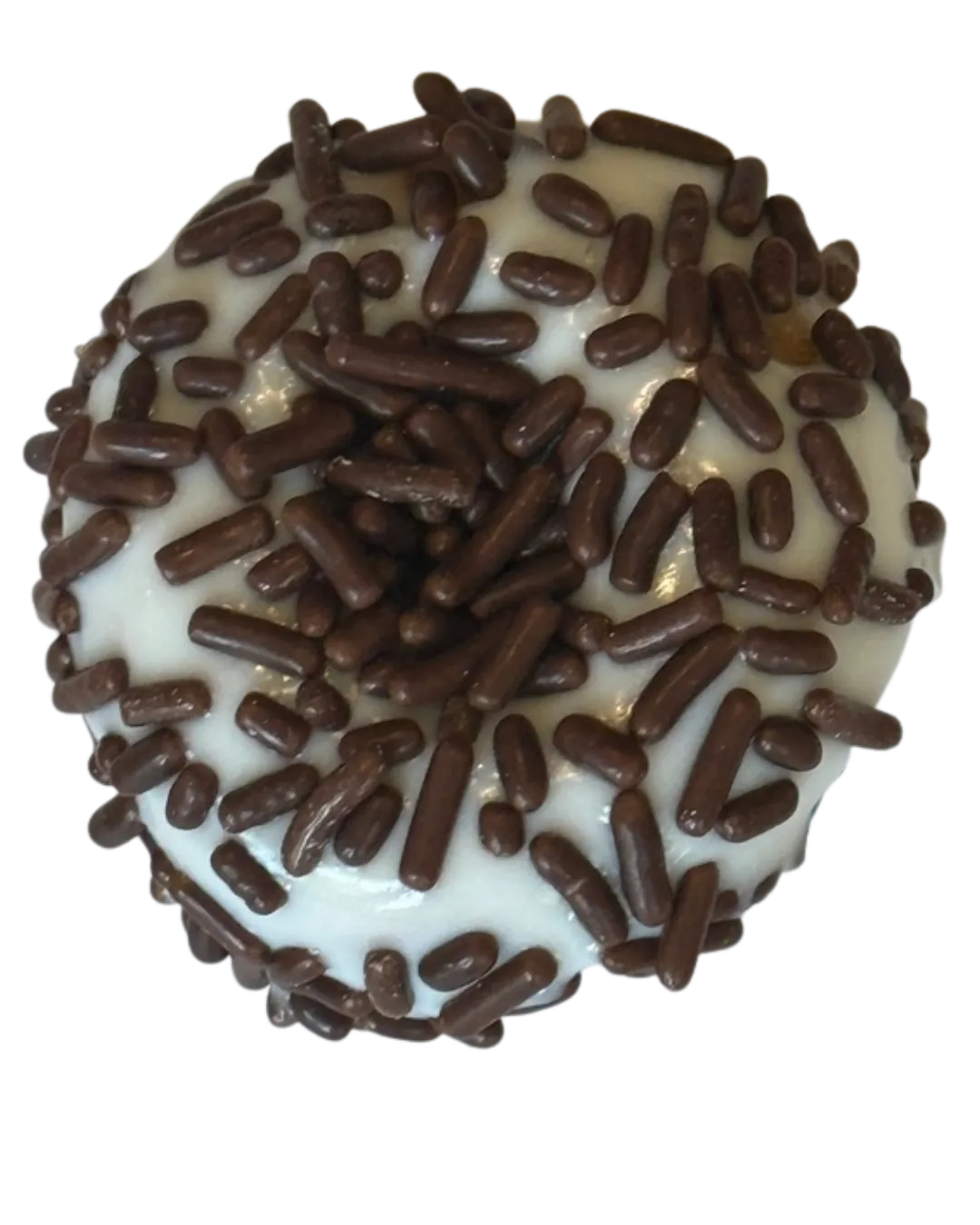 White frosted mini donut with chocolate sprinkles for event catering